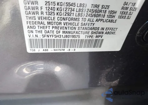 2018 Honda Pilot Ex from USA, damaged, VIN 5FNYF5H31JB019575